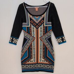 Flying Tomato Aztec Tribal Bodycon Sweater Dress Black Blue Tan - Size M